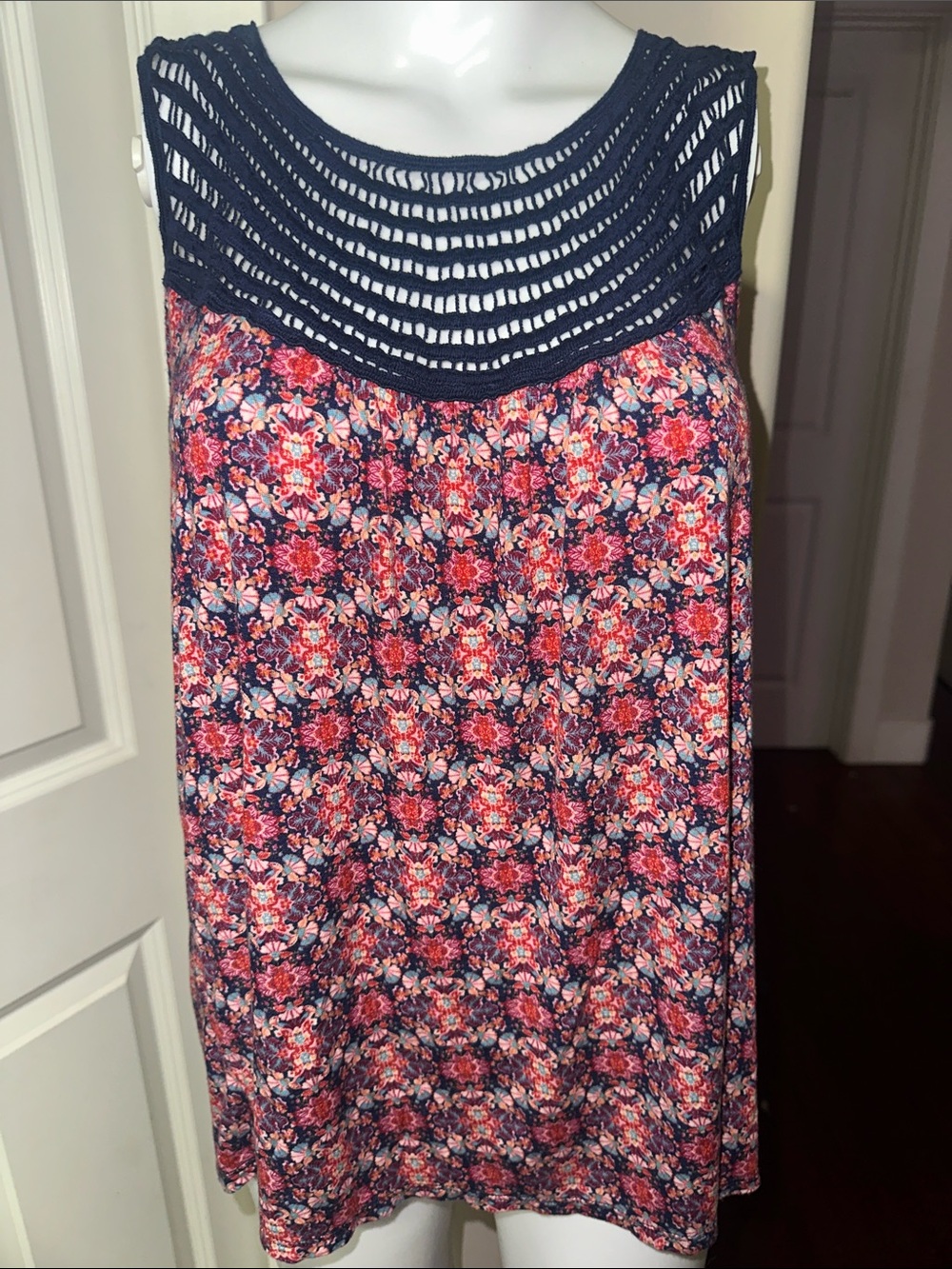 Loveappella Floral Swing Tank Top with Cotton Crochet Yoke - Size L